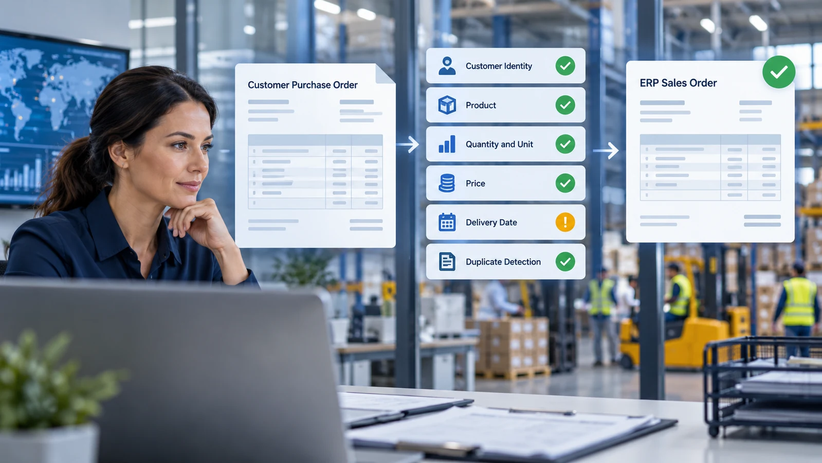 Purchase order validation workflow checking customer identity, product, quantity, price, delivery date, and duplicates before ERP sales order creation