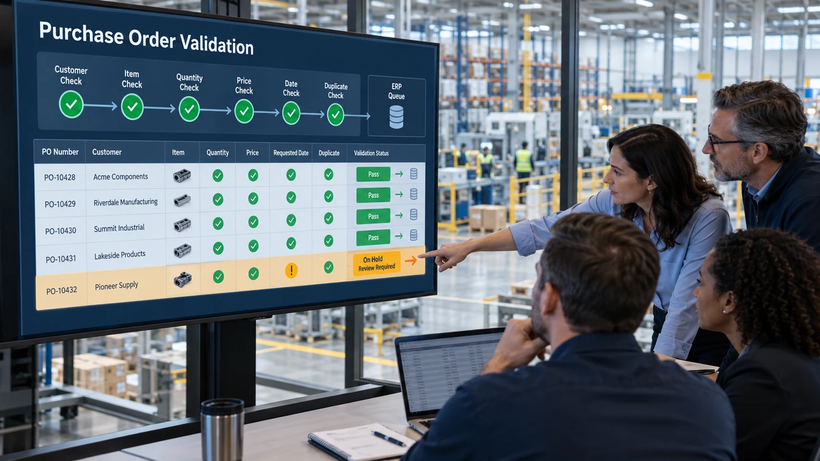 Manufacturing operations and ERP team reviewing automated purchase order validation checks before approved orders enter the ERP queue