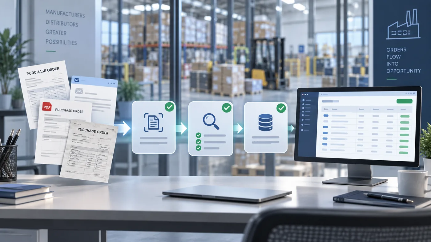 Automated order entry workflow converting emailed purchase orders into validated ERP-ready sales order data