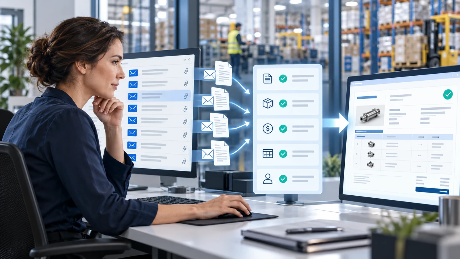 Email order automation workflow converting customer purchase order emails into validated ERP sales order data in a manufacturing operations office