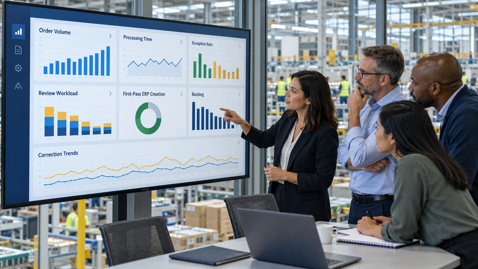 Manufacturing operations and ERP team reviewing sales order automation KPIs for volume, processing time, exceptions, workload, backlog, and ERP creation