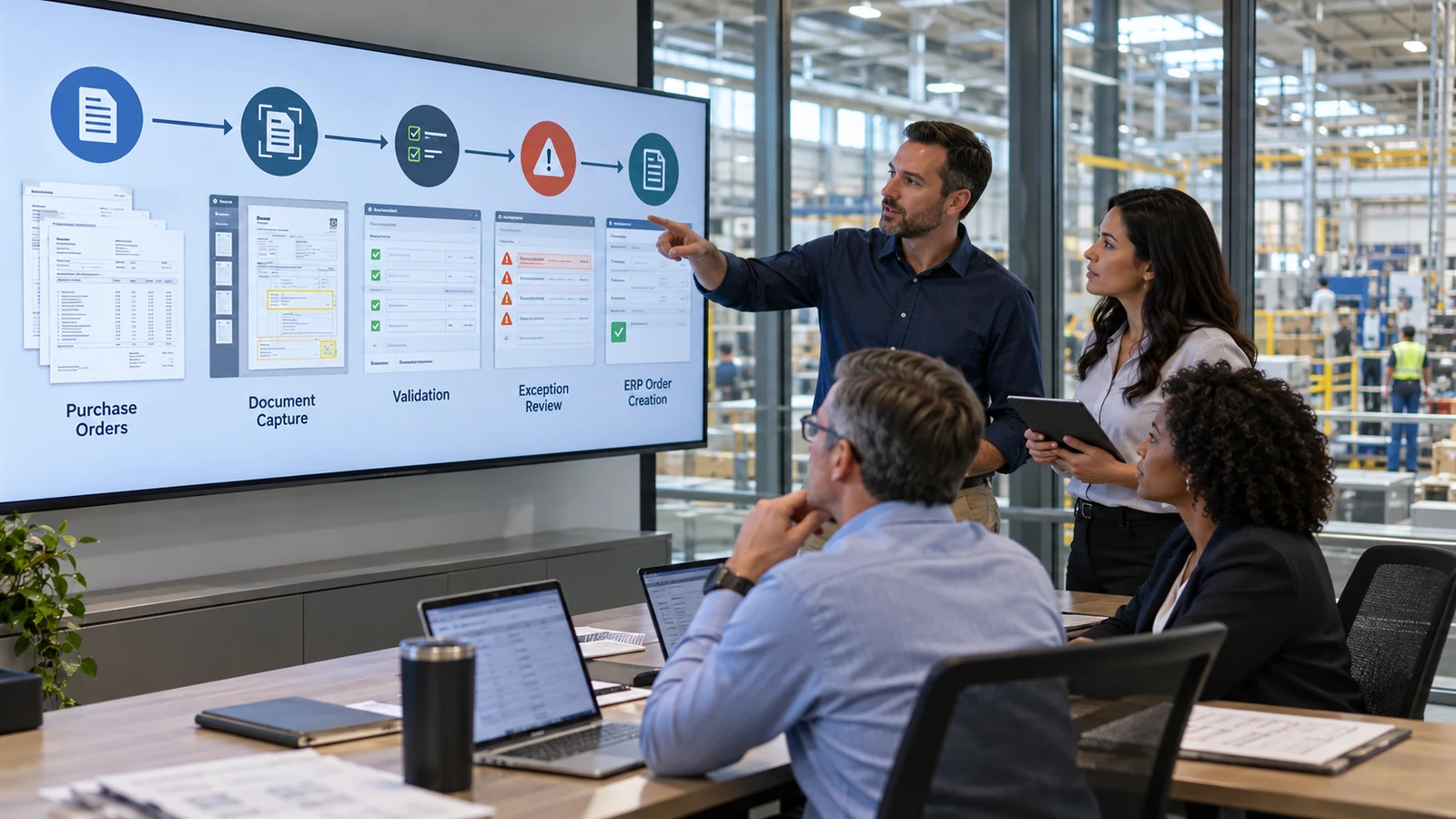 Manufacturing operations and ERP team planning an order entry automation implementation from purchase order capture through validation, exception review, and ERP creation