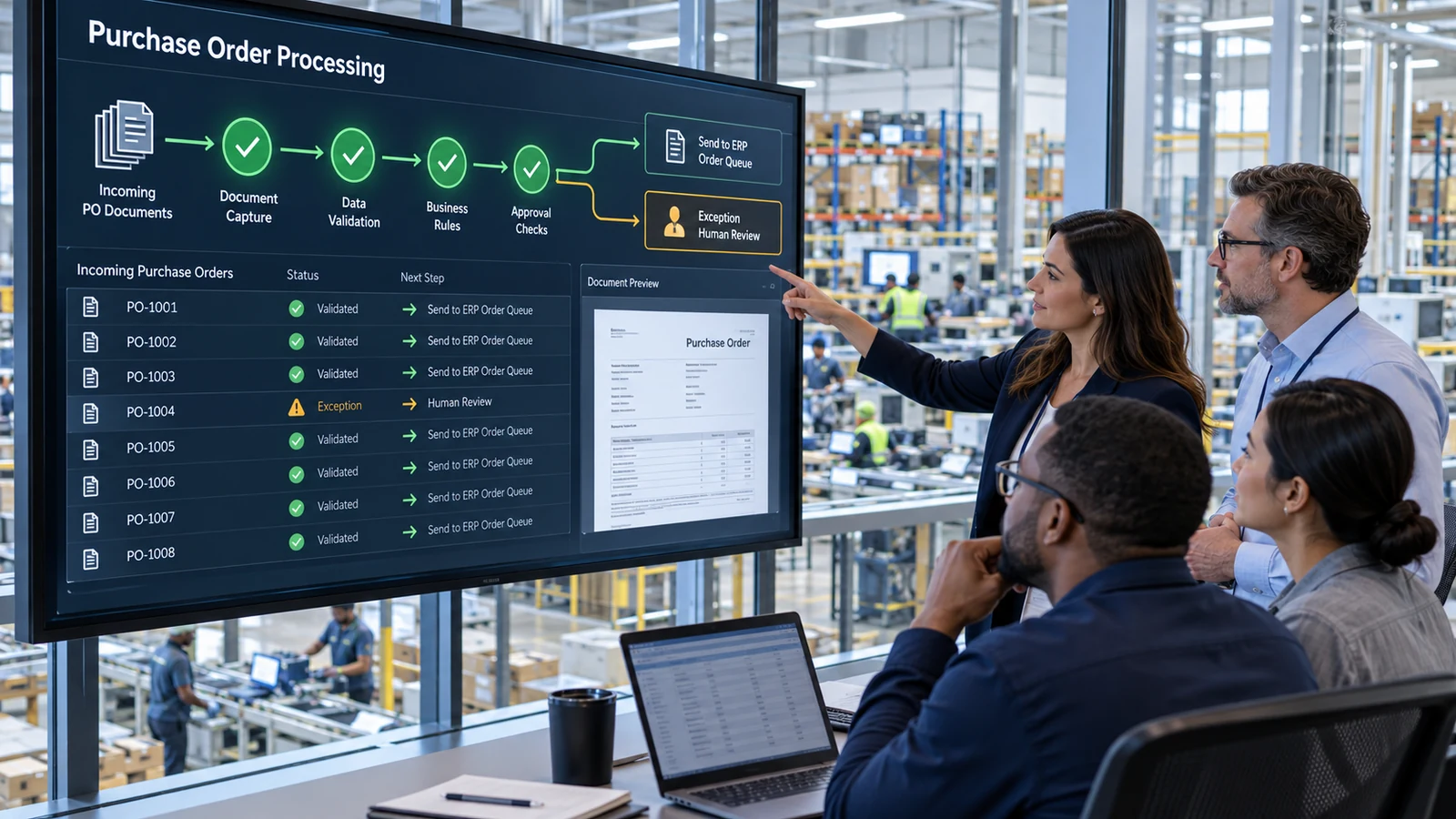 Manufacturing operations and ERP team monitoring touchless order processing as validated purchase orders flow to ERP and exceptions route to human review