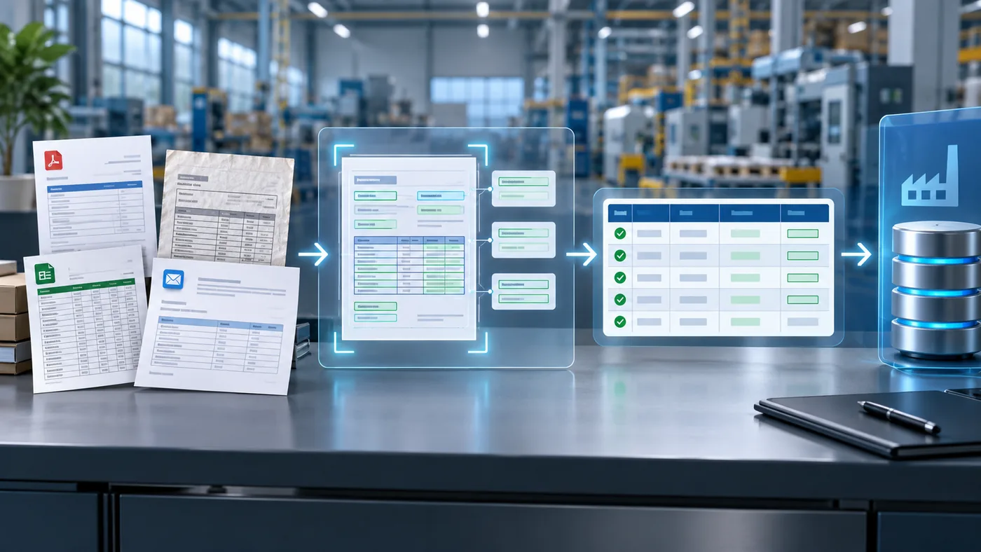 Purchase order data extraction workflow converting PDFs, scans, spreadsheets, and emails into validated ERP-ready data
