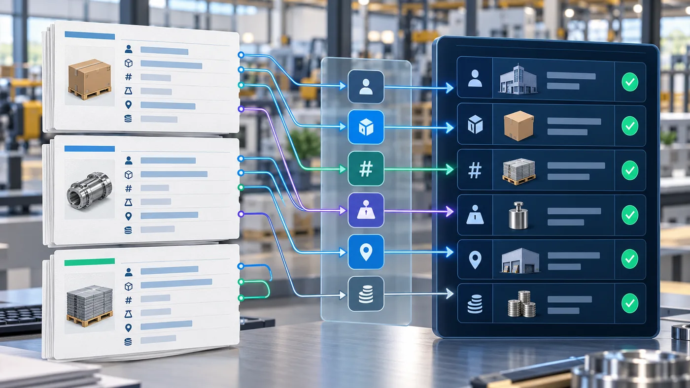 Order entry mapping workflow connecting customer purchase order fields to validated ERP account, item, unit, address, and pricing records