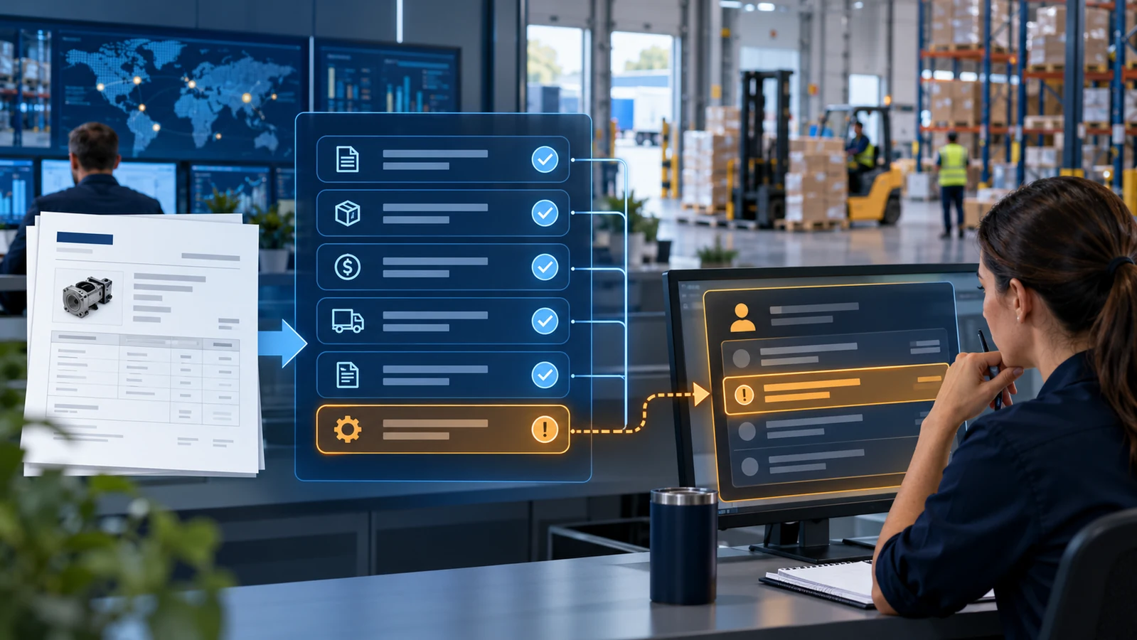 Sales order exception handling workflow routing one flagged purchase order issue to a human reviewer while validated fields continue toward ERP processing